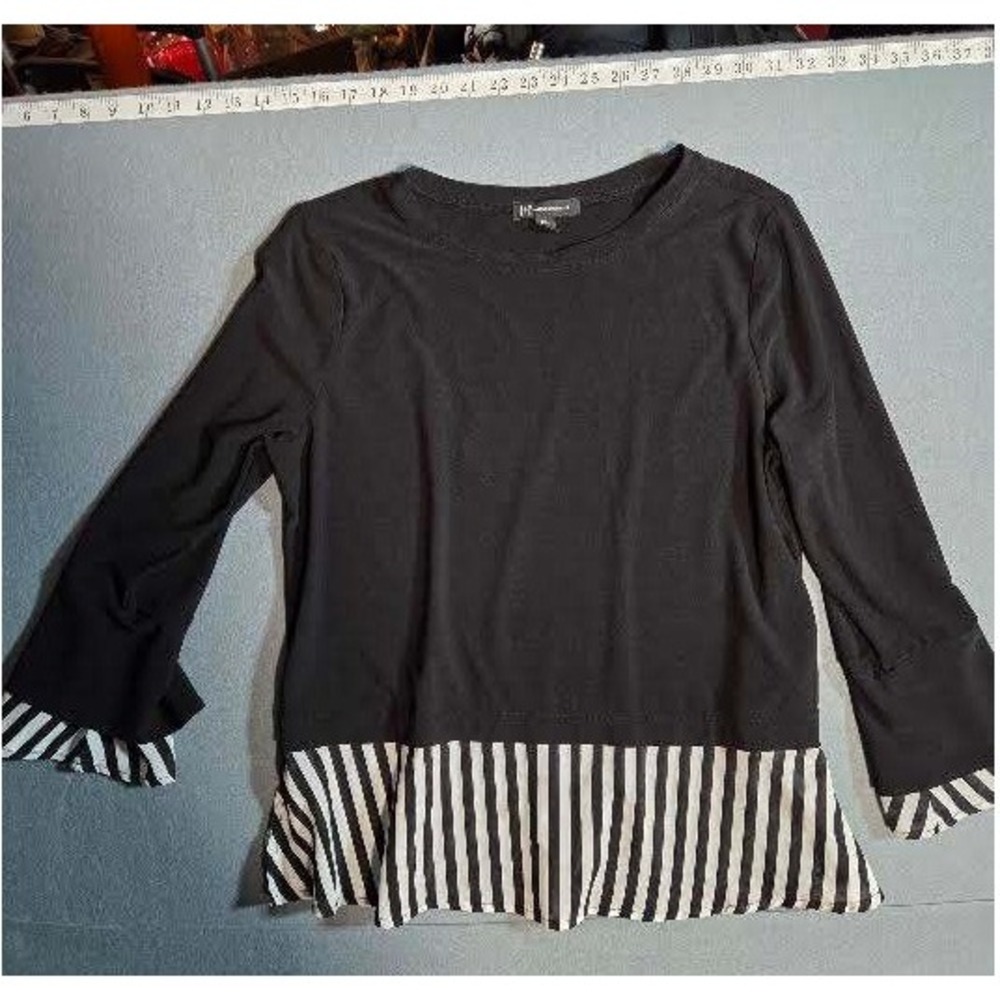 INC International Concepts Black Striped Mixed Media Ruffle Cuff Top PXL